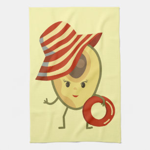 Avocado beach girl with sun hat and swim ring tea towel
