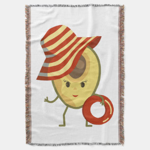 Avocado beach girl with sun hat and swim ring throw blanket