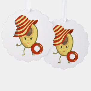 Avocado beach girl with sun hat and swim ring tree decoration card