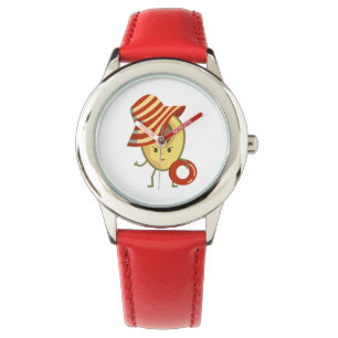Avocado beach girl with sun hat and swim ring watch