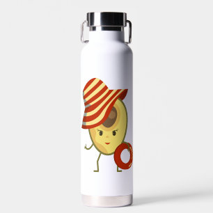 Avocado beach girl with sun hat and swim ring water bottle