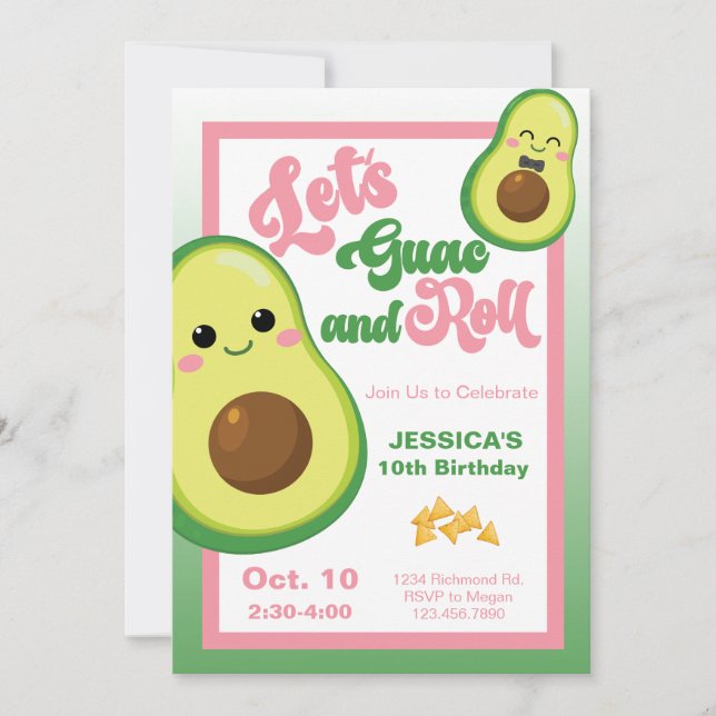 Avocado Birthday Party Kids Green Pink Birthday Invitation (Front)