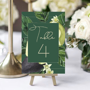Avocado Blossoms   Dark Green Rustic Fruit Party Table Number