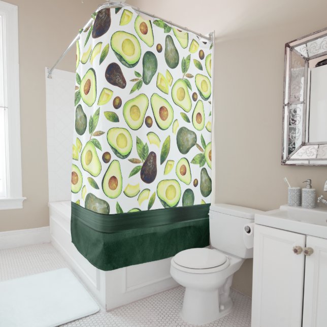 Avocado Blossoms | Dark Green Rustic Fruit Pattern Shower Curtain (In Situ)