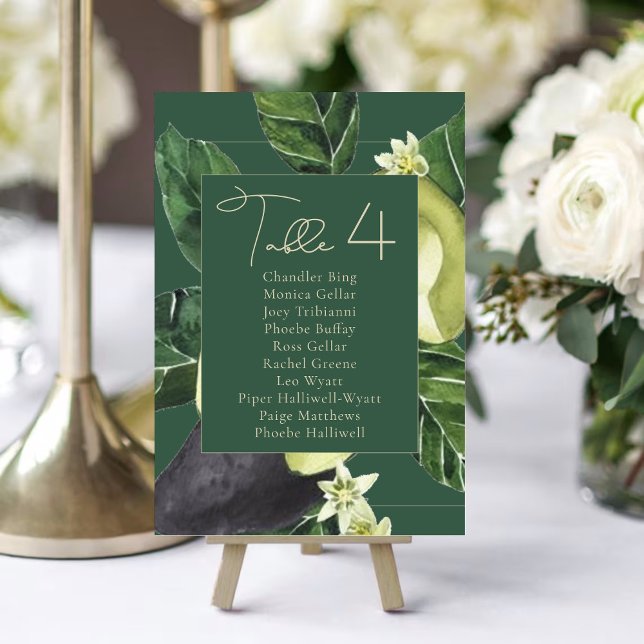 Avocado Blossoms | Dark Green Rustic Seating Names Table Number (Creator Uploaded)