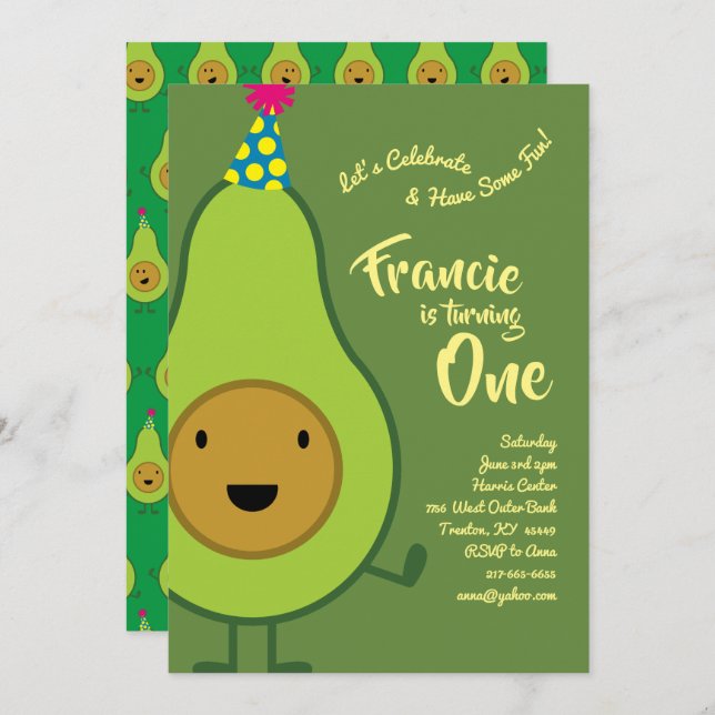 Avocado Colourful 1st Birthday Cute Invitations (Front/Back)