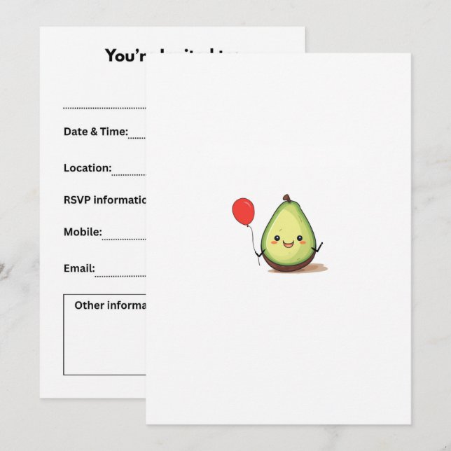 Avocado design, avocado theme invitation (Front/Back)