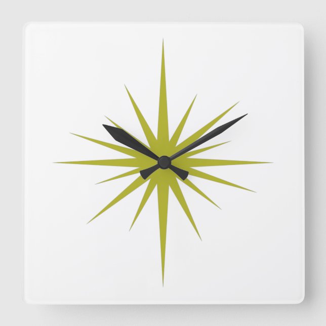 Avocado Green Atomic Starburst Mid Century Modern Square Wall Clock (Front)