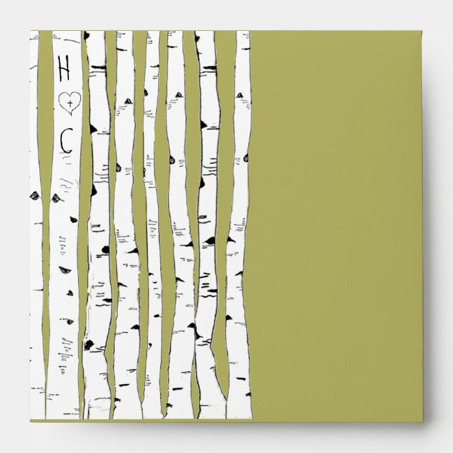 Avocado Green Birch Tree  Wedding Envelopes (Front)