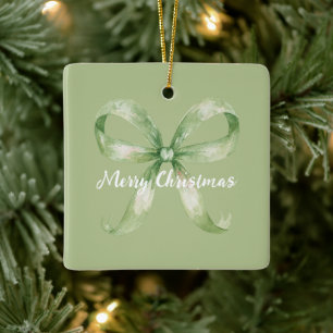 Avocado Green Bow Christmas Ceramic Ornament
