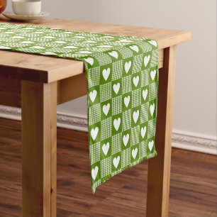 Avocado Green Gingham Heart Patch Plaid Short Table Runner