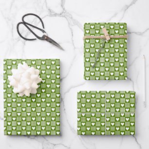 Avocado Green Gingham Heart Patch Plaid Wrapping Paper Sheet