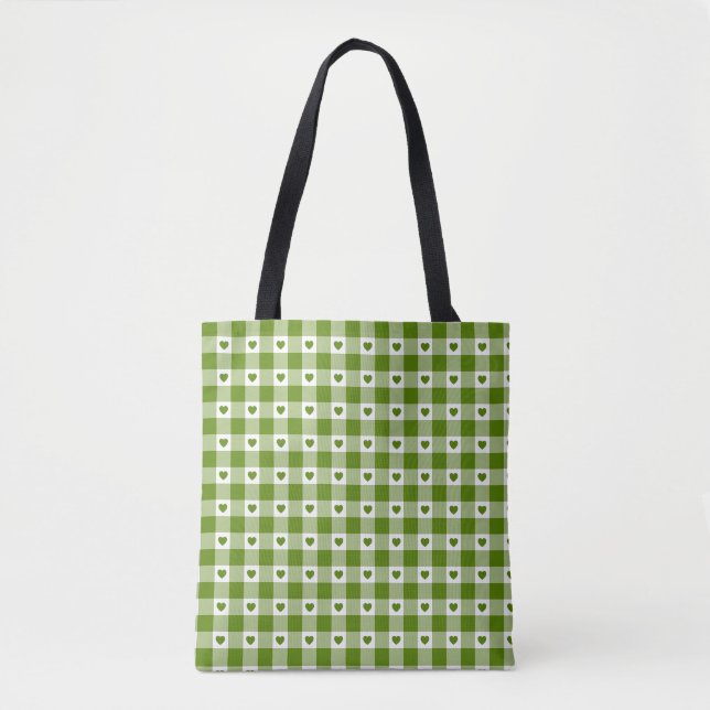 Avocado Green Heart Plaid Gingham Retro Color Tote Bag (Front)