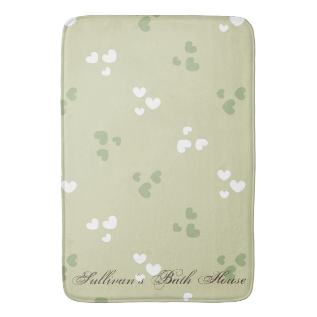 Avocado Green Love Hearts Bath Mat (Front Vertical)