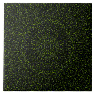 Avocado Green Mandala with Geometric Symmetry Ceramic Tile