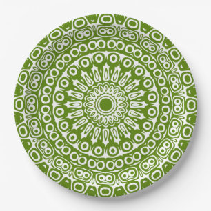 Avocado Green on White Mandala Kaleidoscope Paper Plate