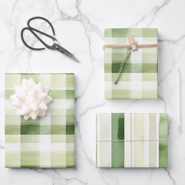Avocado Green Plaid Stripes Birthday Wrapping Paper Sheet (Front)