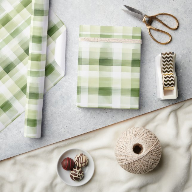 Avocado Green Plaid Stripes Wrapping Paper (Crafts)
