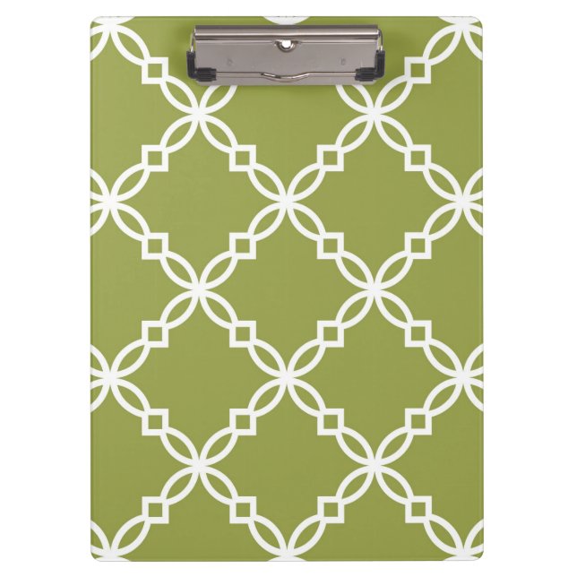 Avocado Green White Large Fancy Quatrefoil Pattern Clipboard (Front)