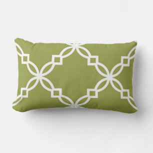 Avocado Green White Large Fancy Quatrefoil Pattern Lumbar Cushion