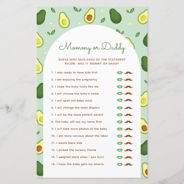 Avocado Mummy or Daddy Baby Shower Game            (Front)