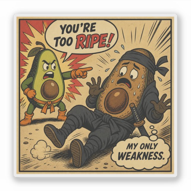 Avocado Ninja "Too Ripe" — Funny Retro Comic (Front)