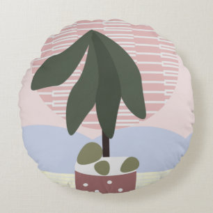 Avocado Tree Blush Muted Geometric Pink Green   Round Cushion