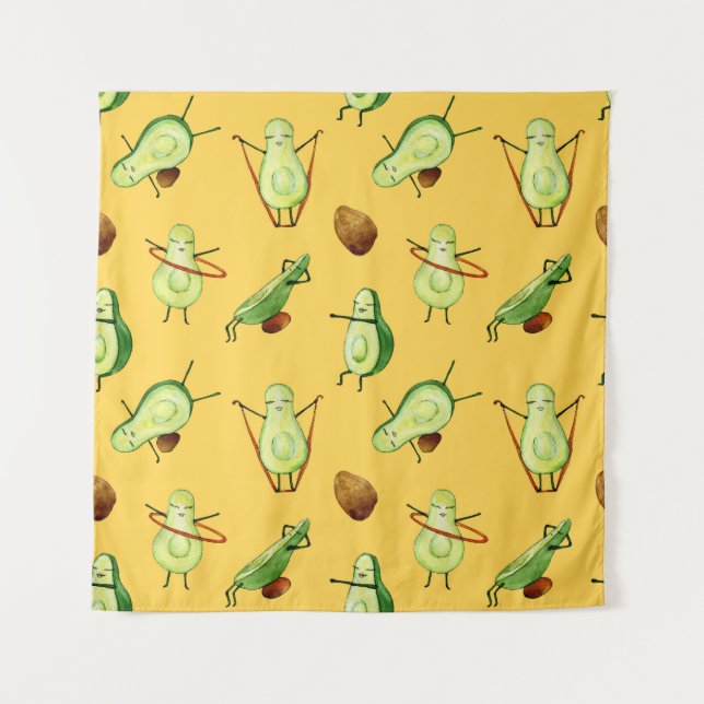 Avocado Workout: Fun Watercolor Pattern Tapestry (Front)