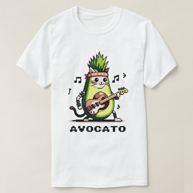 Avocato Bassist - Punk Cat Avocado Pixel Art T-Shirt (Design Front)