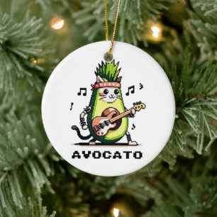 Avocato - Funny Pixel Art Avocado Cat Playing Bass Ceramic Ornament