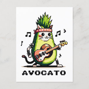 Avocato - Funny Pixel Art Avocado Cat Playing Bass Postcard