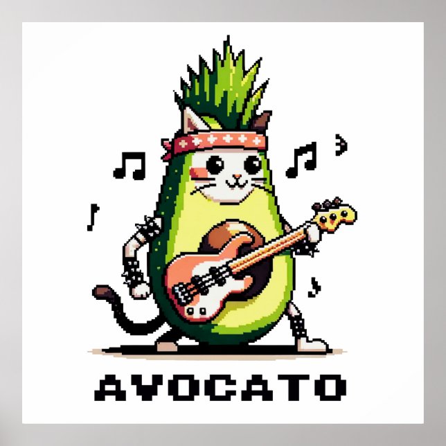 Avocato - Funny Pixel Art Avocado Cat Playing Bass Poster (Front)