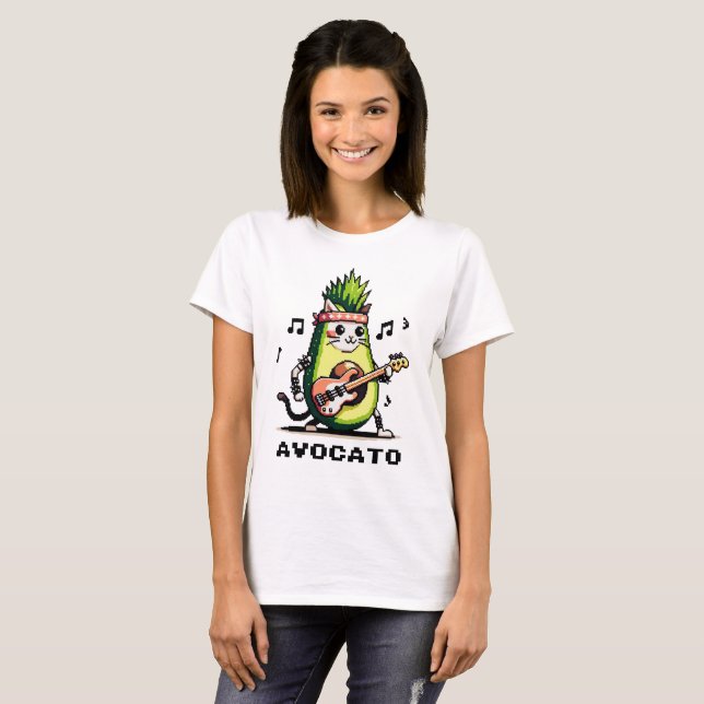 Avocato - Funny Pixel Art Avocado Cat Playing Bass T-Shirt (Front Full)