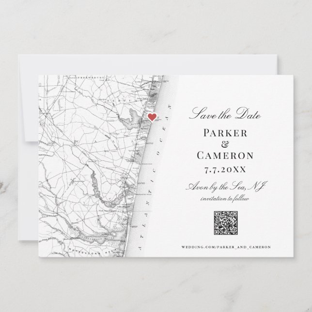 Avon-by-the-Sea NJ Map Elegant Black White QR Save The Date (Front)