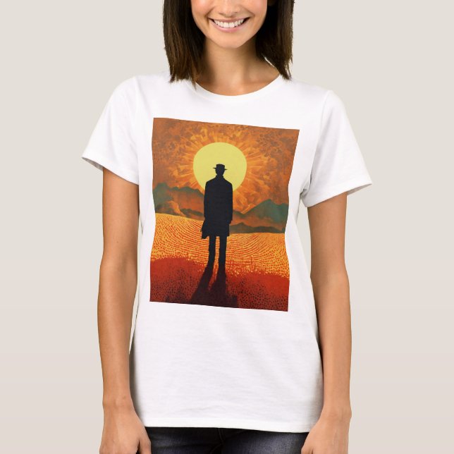 "Awakening Dawn: A Man's Gaze at the Sunrise" T-Shirt (Front)