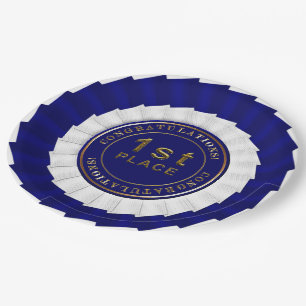 Award Ribbon, Blue-White-1st Place-Paper Plate