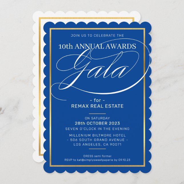 AWARDS GALA DINNER modern business royal blue gold Invitation (Front/Back)