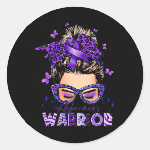 Awareness Messy Bun Warrior Woman Leopard Purple Classic Round Sticker