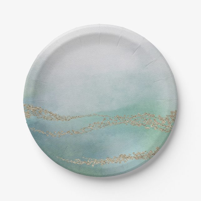Awash Elegant Watercolor in Ocean Wedding Paper Plate (Front)