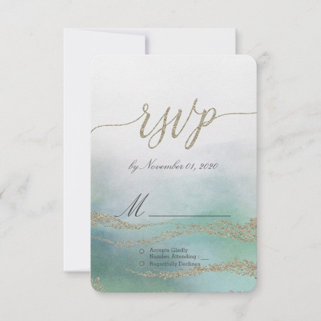Awash Elegant Watercolor in Ocean Wedding RSVP (Front)