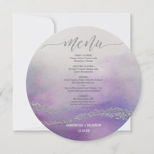 Awash Elegant Watercolor Orchid Round Wedding Menu Invitation (Front)