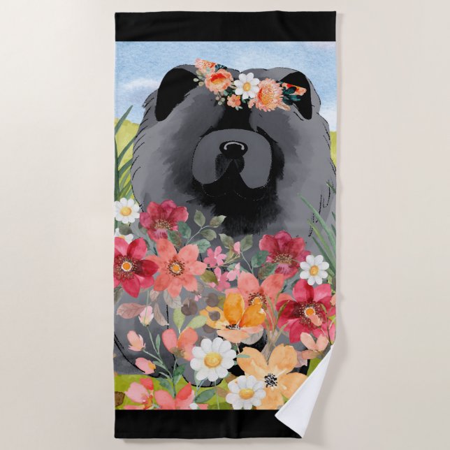 AWASH IN LIGHT Black - Blue  Chow Dog   Beach Towel (Front)