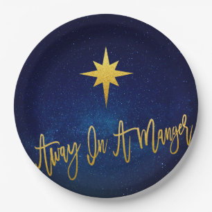 Away in A Manger Dark Blue Festive Starry Night Paper Plate