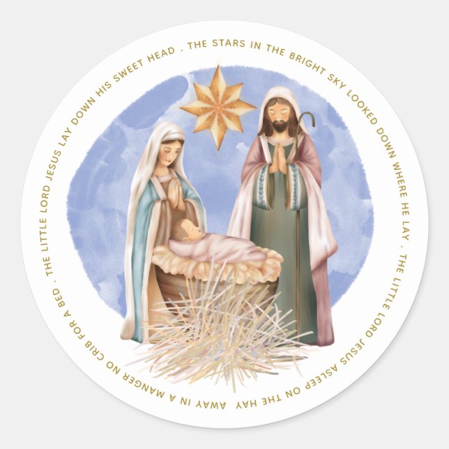 Away In A Manger Lyrics Nativity Gold Text White Classic Round Sticker (Front)