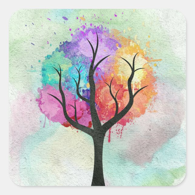 Awesome abstract pastel colours oil paint tree square sticker (Front)