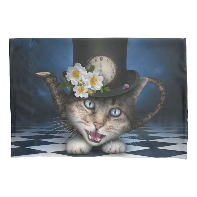 Awesome Alice in Wonderland Teacup Cat Pillowcase (Front)