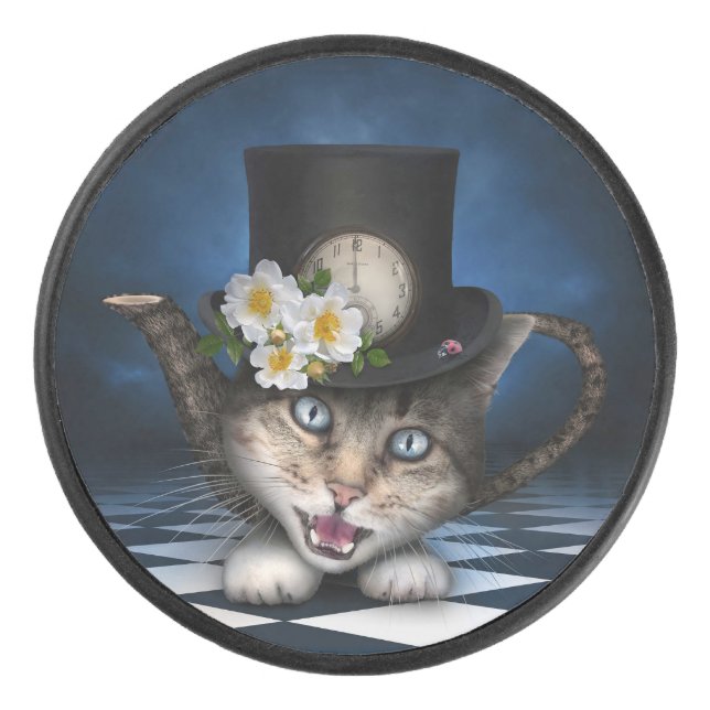 Awesome Alice in Wonderland Teapot Cat Hockey Puck (Front)
