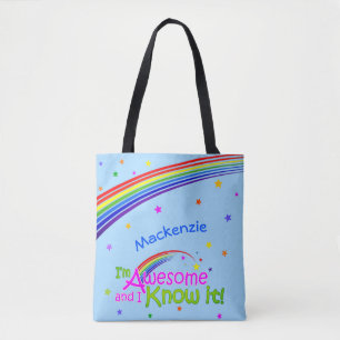 AWESOME and I Know it with Rainbow on LIGHT BLUE Tote Bag