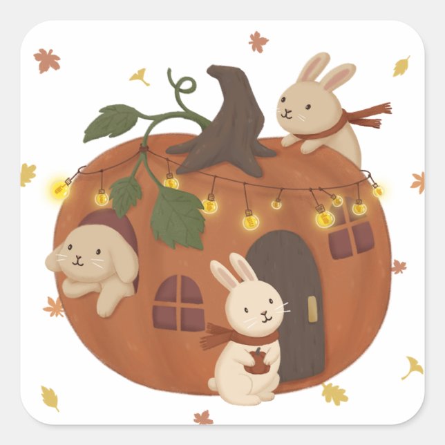 Awesome Autumn: Bunny & Pumpkin Square Sticker (Front)
