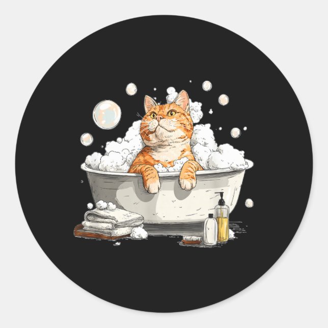 Awesome Bathing Cat with Bath Foam and Bubbles Classic Round Sticker (Front)